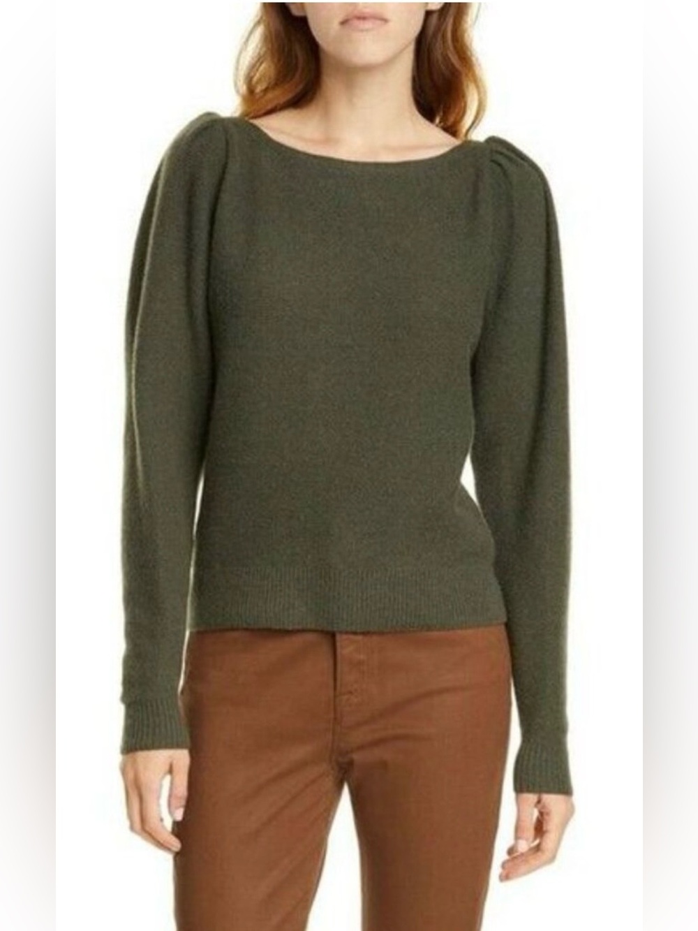 Frame 100% Cashmere Puff Sleeve Sweater XL Womens Pullover Ribbed Olive Green